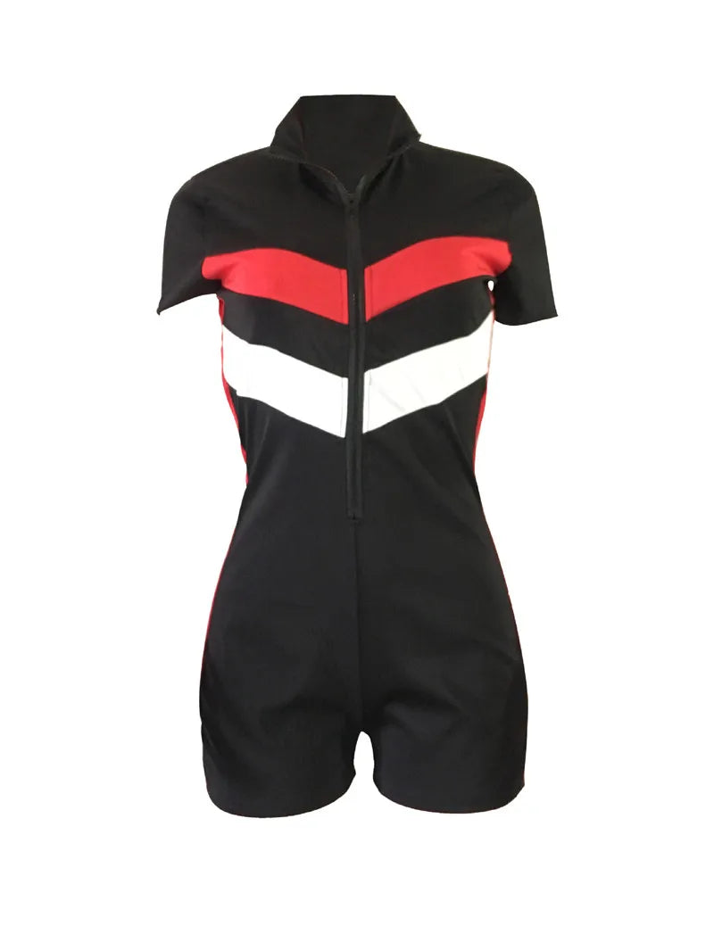 Casual Striped Bodysuits Summer Playsuits Bodycon Jumpsuit Shorts for Women Short Sleeve Turtleneck Zipper Romper