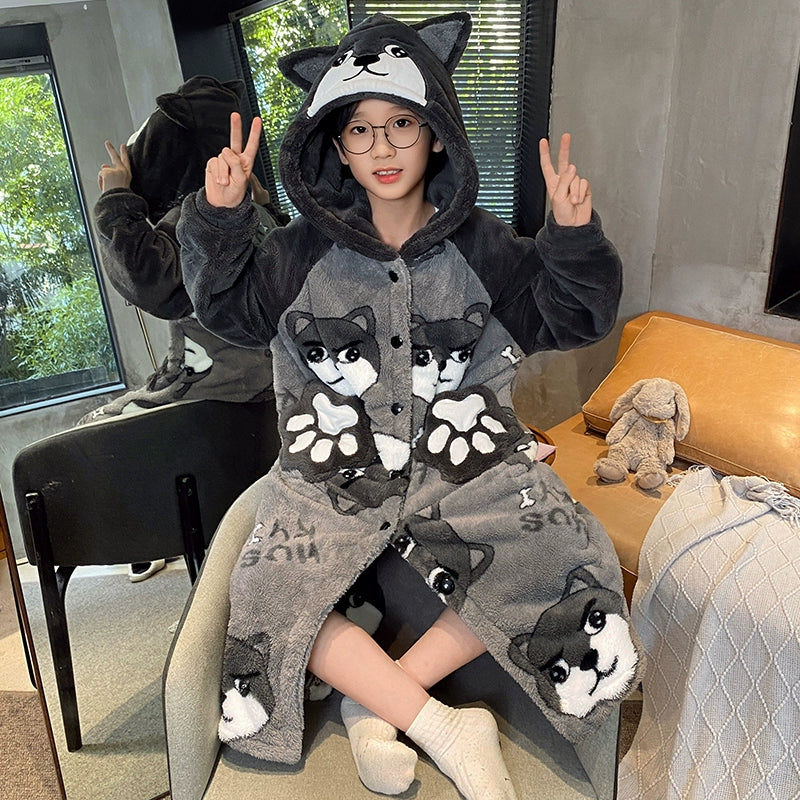 Boys Coral Velvet Night-Robe Autumn and Winter Thickened Heattech Children's Long Pajamas Boy Teen Bathrobe 2024 New Arrival