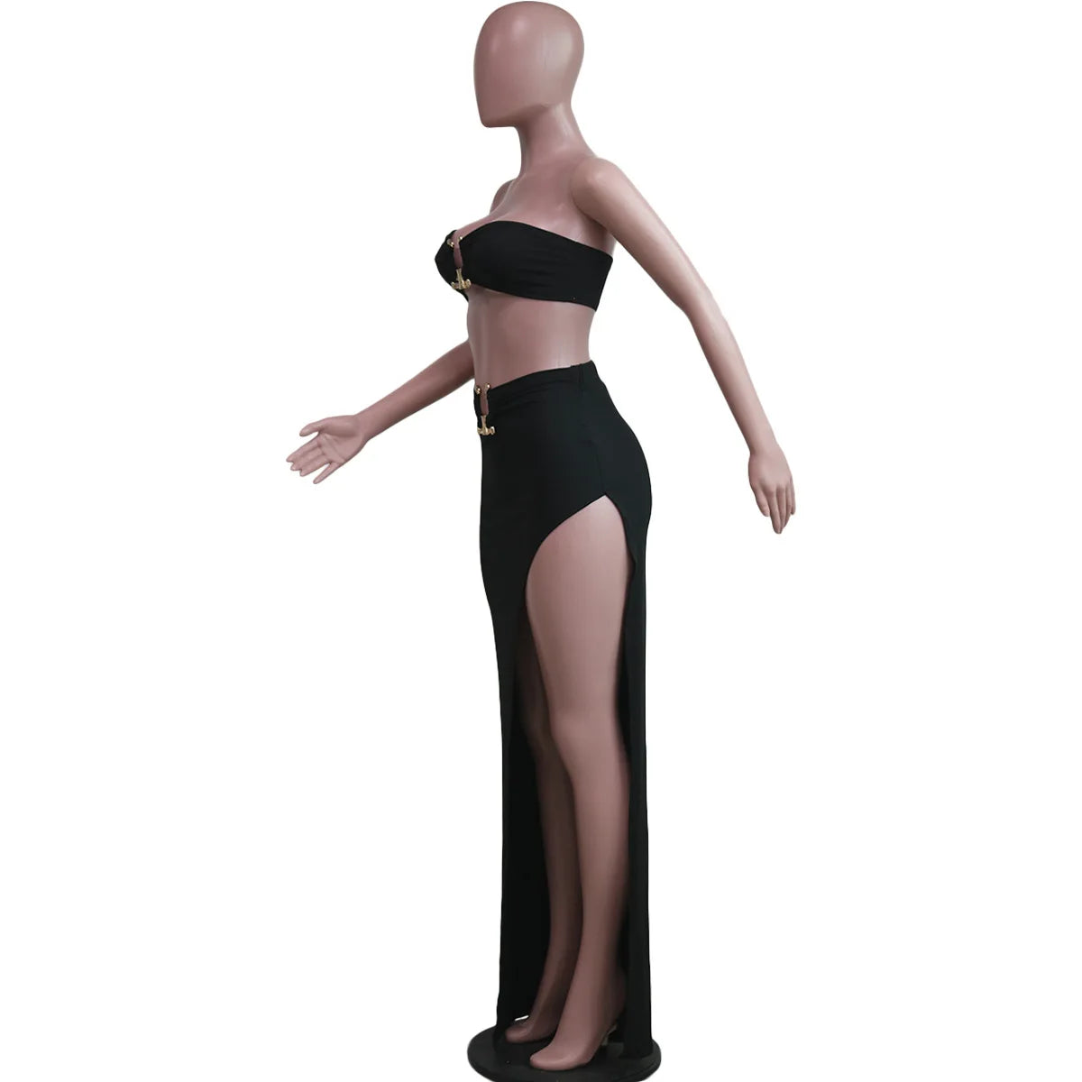 New Chic Gold Ring Bandeau Slit Skirt Two-Piece Set Womens Beautiful Off Shoulder Matching Skirt Set Nightclub Outfits