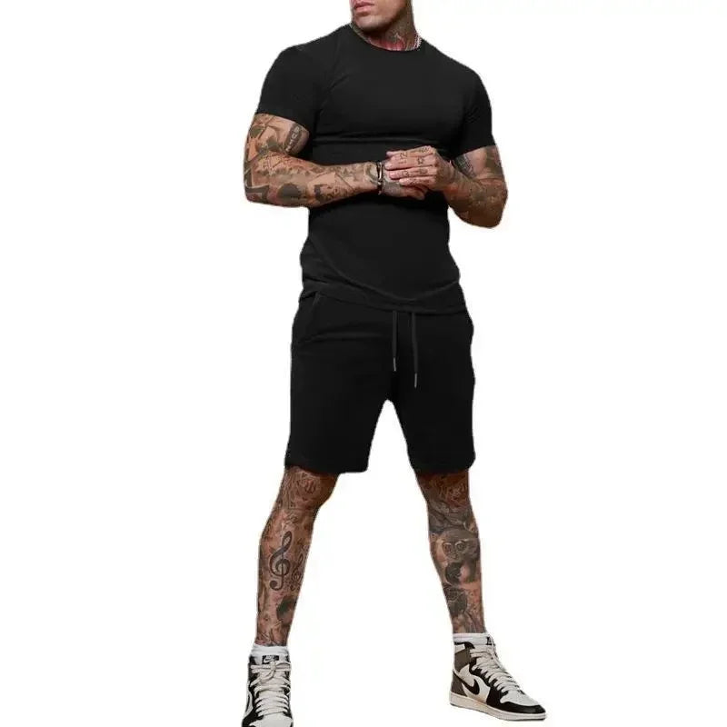 Men's T-shirt and shorts set, short-sleeved T-shirt and shorts set, two-piece set, beach sportswear