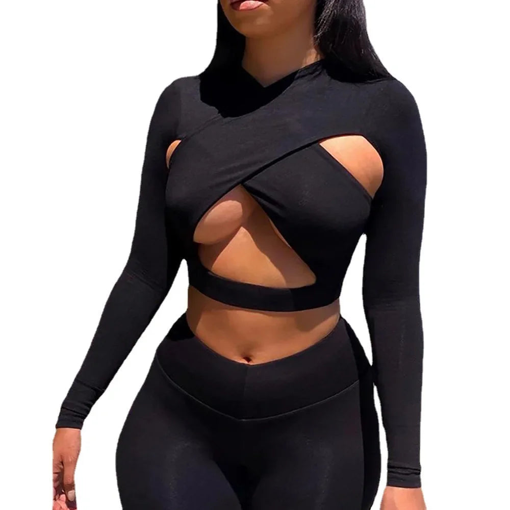 2021 Autumn New Women's Clothing Sexy Hollow Cross Solid Color Long Sleeve High-Waisted Tight Sports Casual Suit