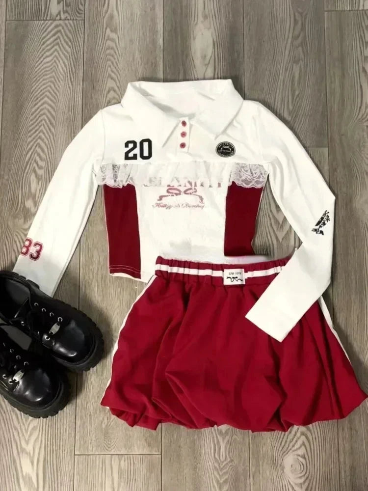 Autumn Y2k Elegant 3 Piece Set Woman Spicy Girls Plaid Bra + White Print Long Sleeve Tops + Red Chic Mini Skirt Korean Fashion