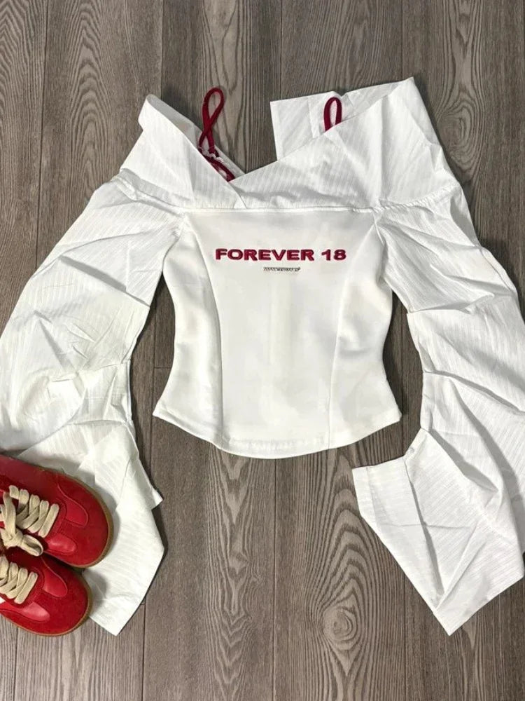 Autumn Y2k Elegant 3 Piece Set Woman Spicy Girls Plaid Bra + White Print Long Sleeve Tops + Red Chic Mini Skirt Korean Fashion