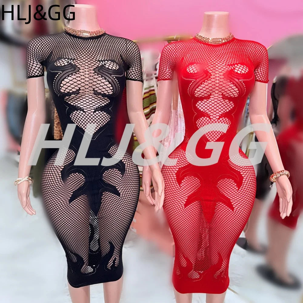 HLJ&GG Sexy Hollow Out Mesh See Though Bodycon Long Dress Women Round Neck Short Sleeve Slim Vestidos Fashion Y2K Clubwear 2025