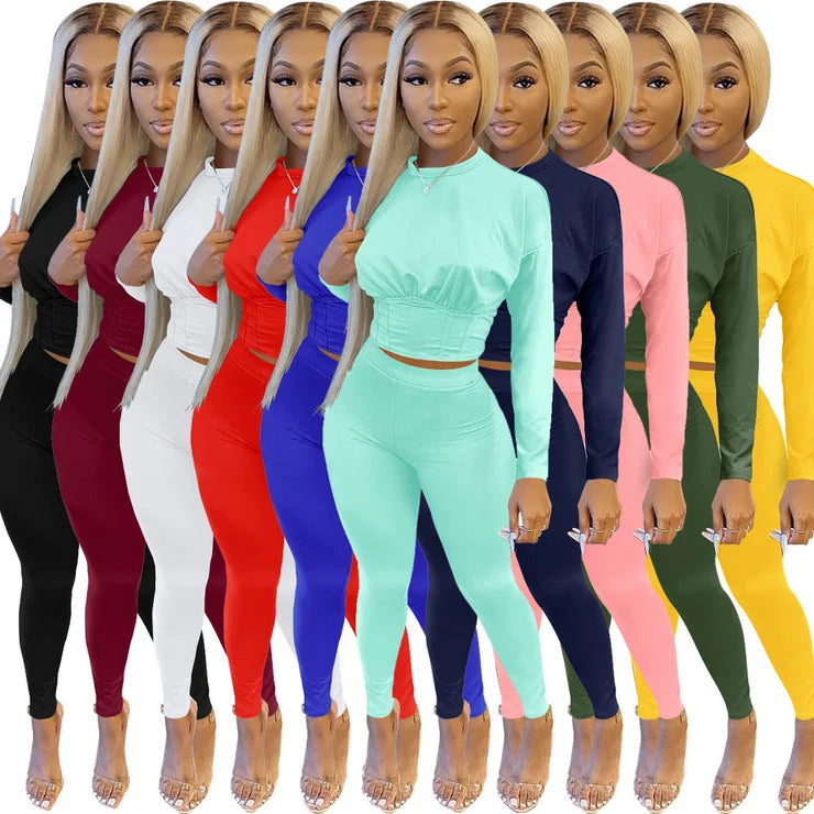 2023 New AutumnWomen's Pure Color Sports Waist Suit Fashion Casual Two-piece Set