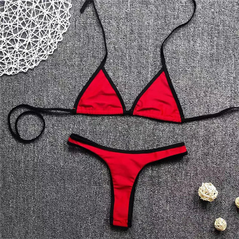 Women Sexy Bikini Set Low Waist V Thong Solid Color Slim No Pad Front Hasp Bathing Swimwear Summer Beach Breathable Wear Suit