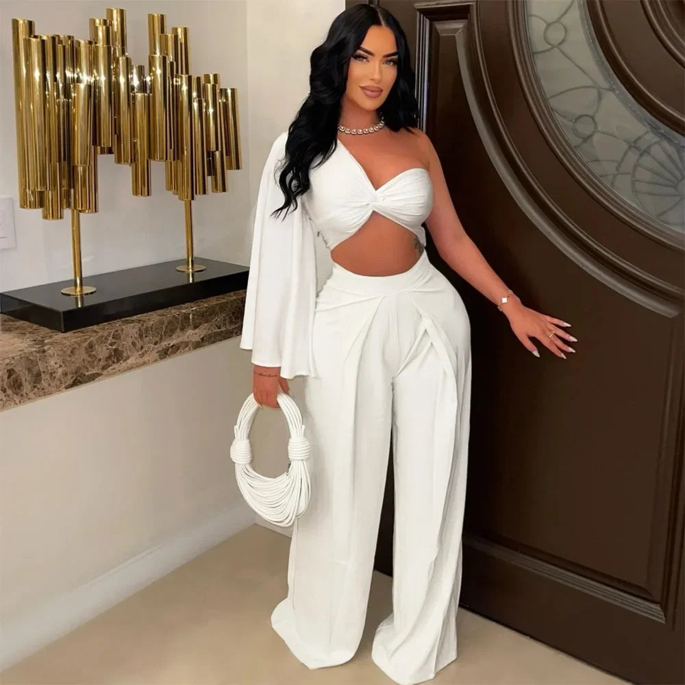 Women's Set Ruched One Shoulder Sleeve Crop Top and Wide Leg Pants Suits Street 2024 Two 2 Piece Set Outfit Tracksuit