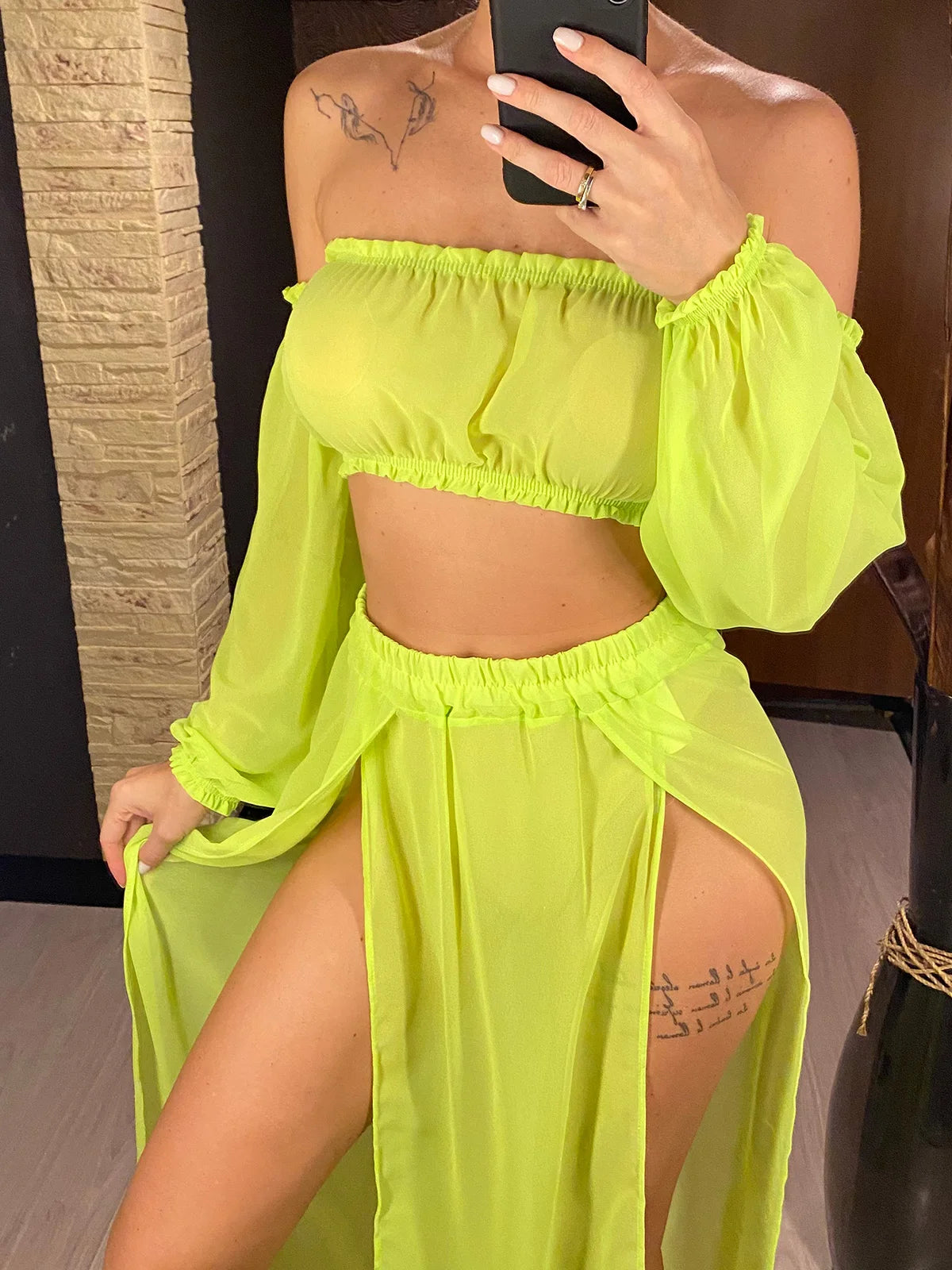 2025 Leopard Off Shoulder Long Sleeve 2 Pieces Set Beach Cover Up Cover-ups Beach Dress Beach Wear Beachwear Female Women V3728
