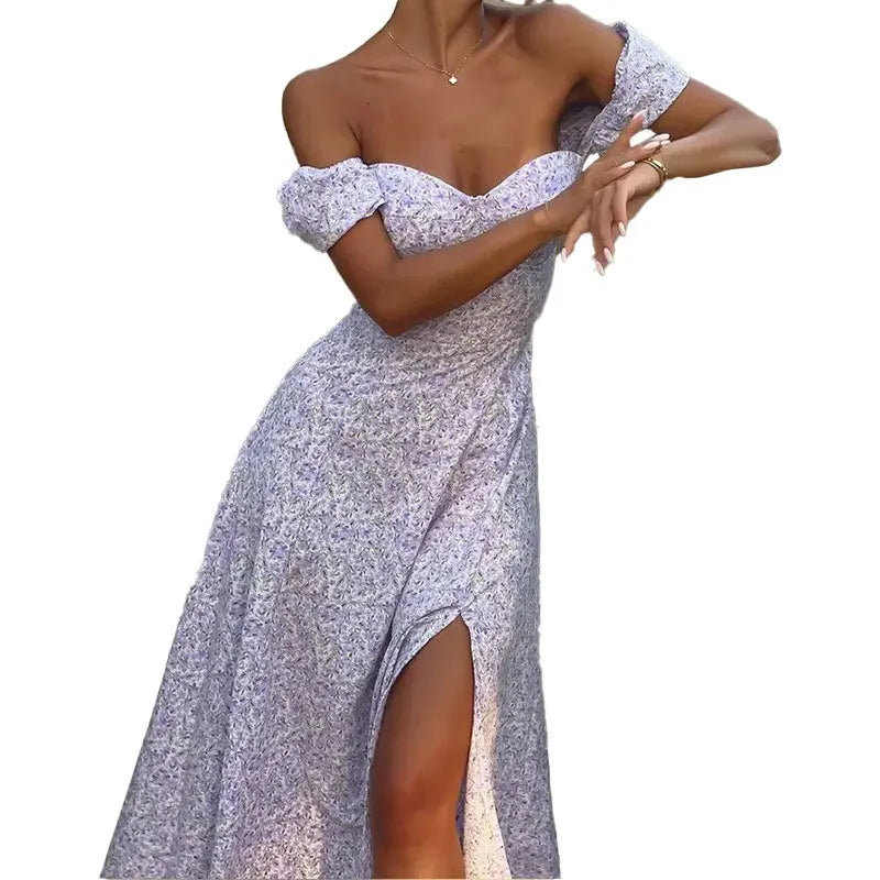 New Summer Women's Fashionable Temperament Elegant Printed High Waisted Slit Shoulder Backless A-line Jumpsuit Long Skirt