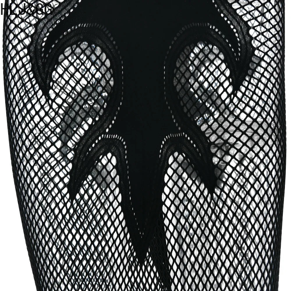 HLJ&GG Sexy Hollow Out Mesh See Though Bodycon Long Dress Women Round Neck Short Sleeve Slim Vestidos Fashion Y2K Clubwear 2025