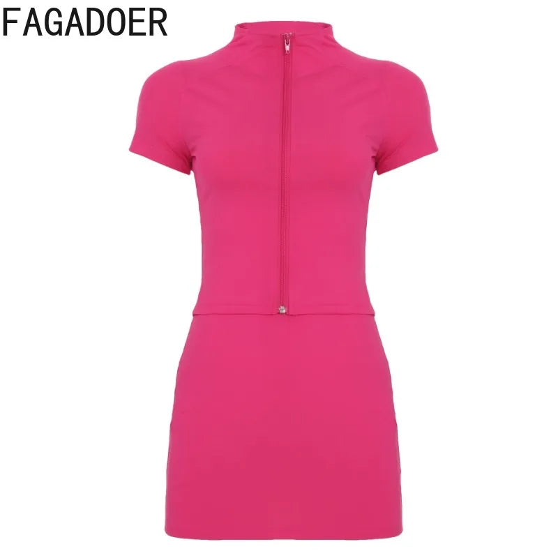 FAGADOER Casual Sporty 2 Piece Sets Woman Outfit Short Sleeve Zip Crop Tops and Mini Skirt Matching Jogger Female Tracksuits New