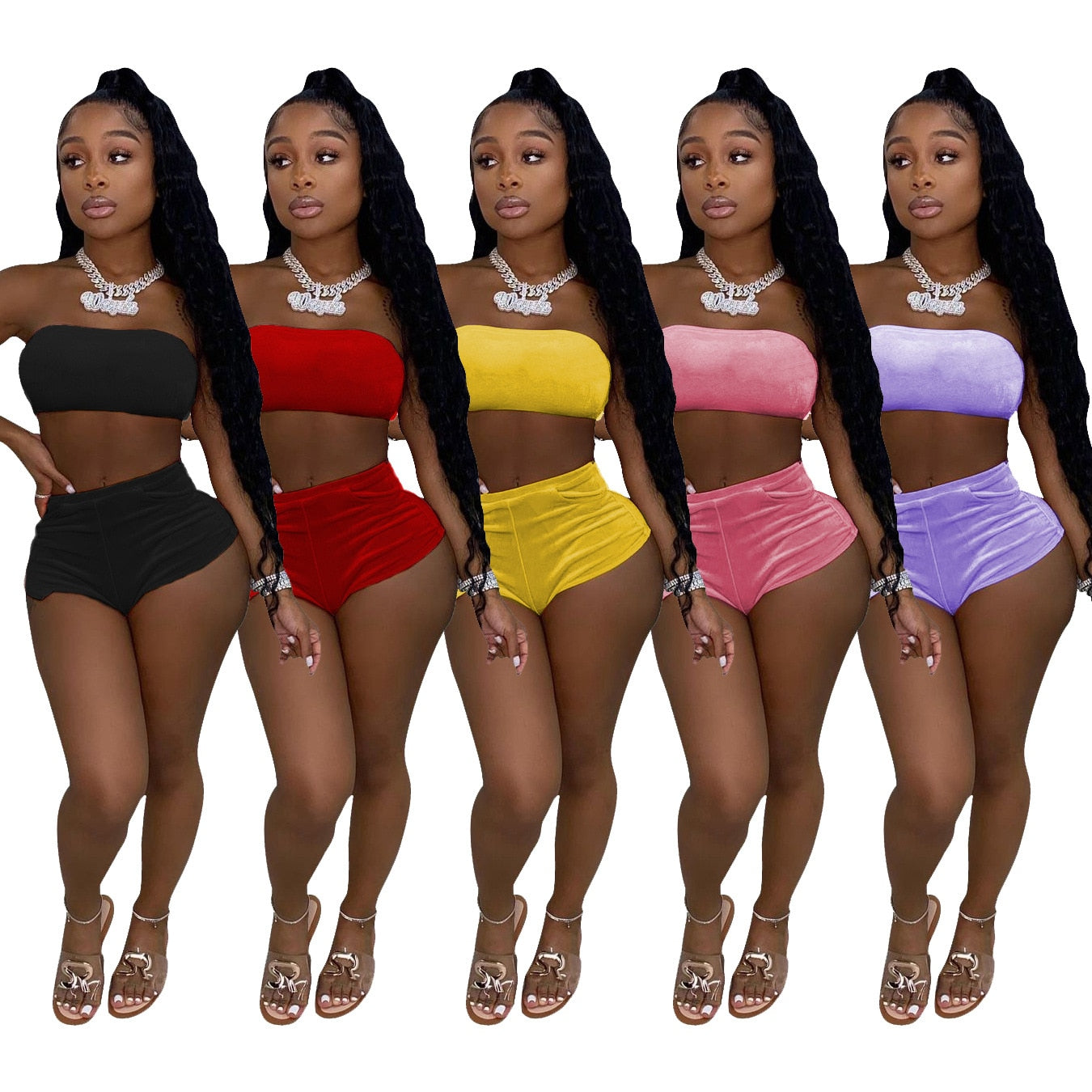 Solid Velvet Two Piece Shorts Sets luxury styles