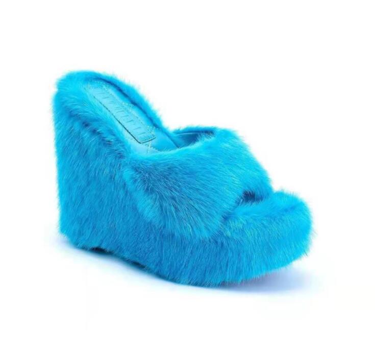 feminine high-heeled fur drag outdoor all-match shoes slippers round head wedges with mink fur ms slippers