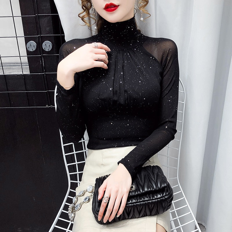High neck Sexy Black Casual Bright silk Lady shirt