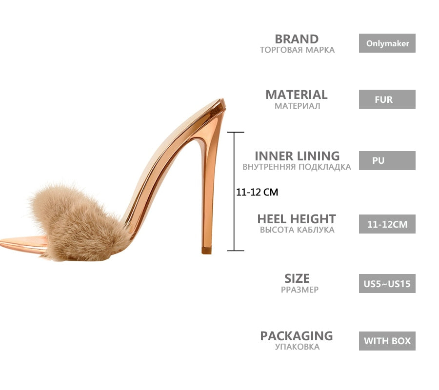 Peep Toe Mules Artificial Fur Slip OnWomen Brand HEELS