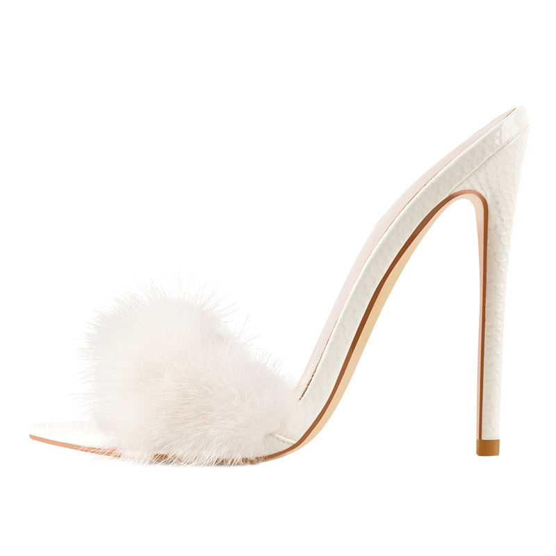 Peep Toe Mules Artificial Fur Slip OnWomen Brand HEELS