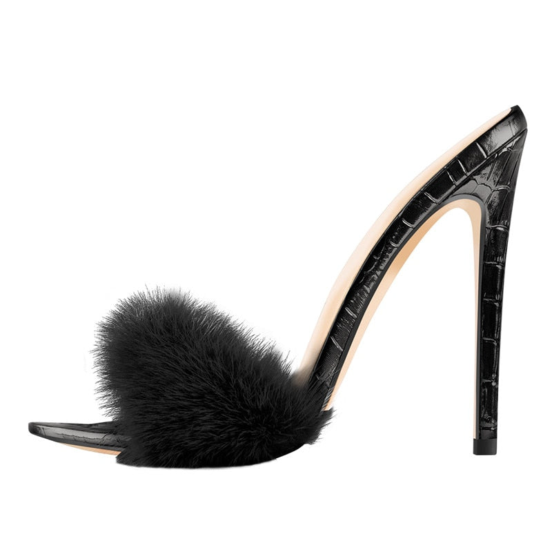 Peep Toe Mules Artificial Fur Slip OnWomen Brand HEELS