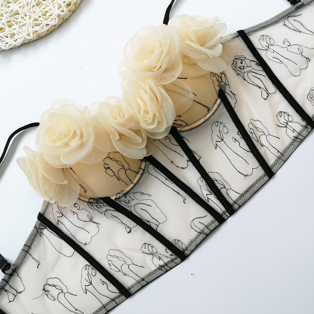 Tank Top Sweet Flowers Crop Top Mesh Embroidery Corset Women Elegant Party Bustier Streetwear Festive Clothing