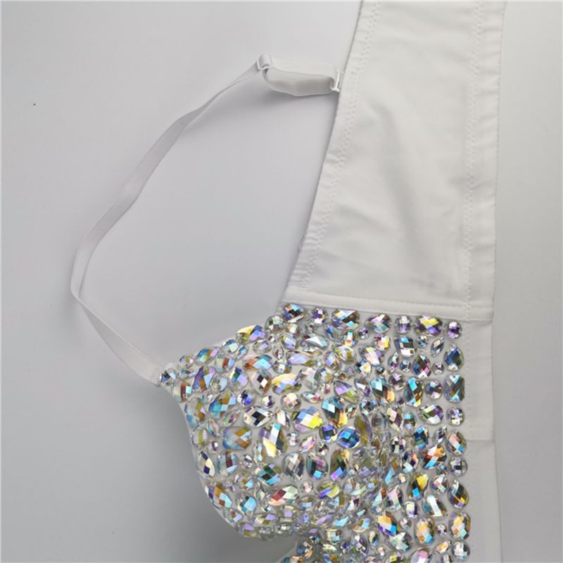 Colored Rhinestone Bustier Crop Top Spaghetti Strap Push Up Corset Vest