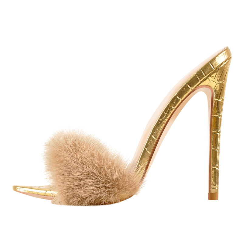 Peep Toe Mules Artificial Fur Slip OnWomen Brand HEELS