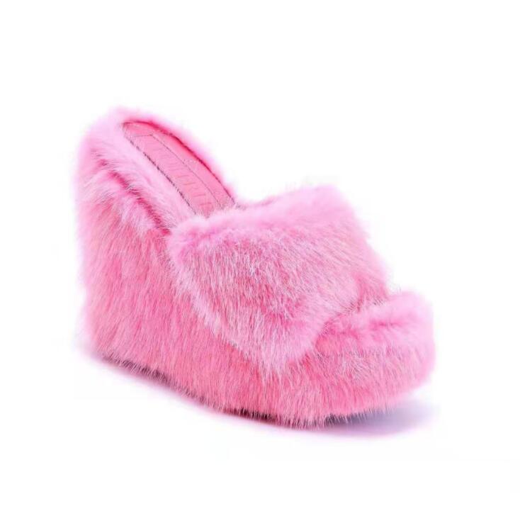 feminine high-heeled fur drag outdoor all-match shoes slippers round head wedges with mink fur ms slippers