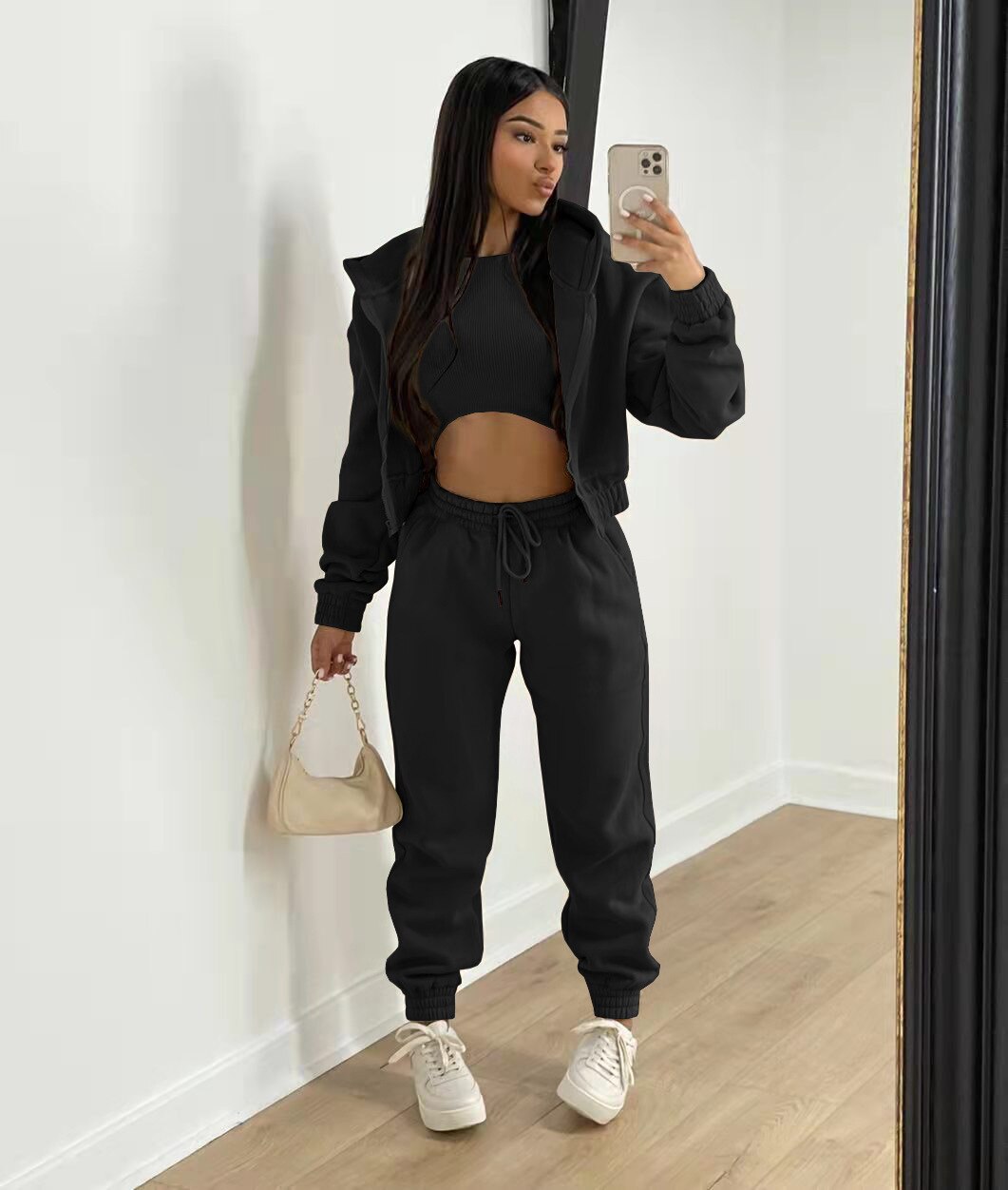 3 pieceLong Sleeve Zip Hoodies+Ribbed Tank+High Waist Three Pieces Outfit