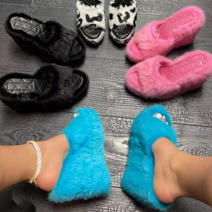 feminine high-heeled fur drag outdoor all-match shoes slippers round head wedges with mink fur ms slippers