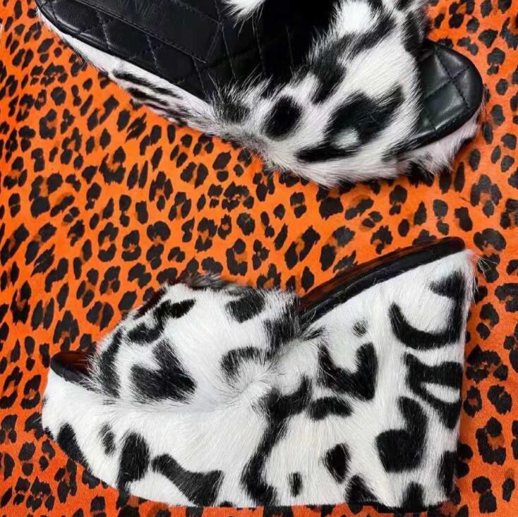 feminine high-heeled fur drag outdoor all-match shoes slippers round head wedges with mink fur ms slippers