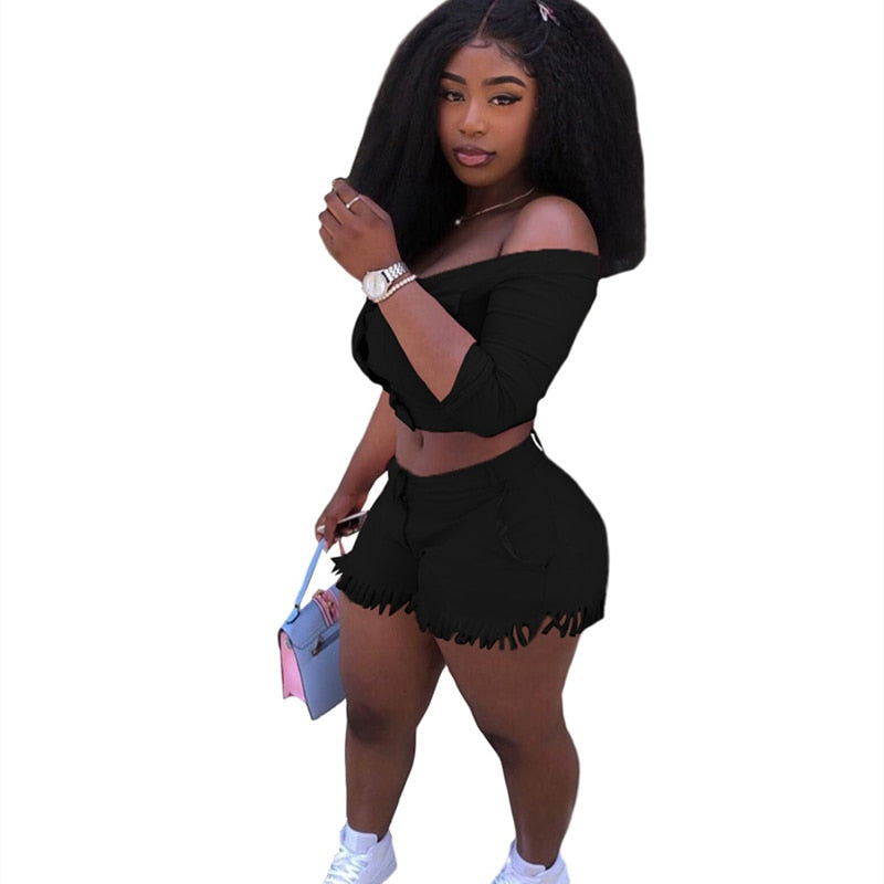 Two Piece Set Women Off Shoulder Buttons Crop Top Shorts 2 Piece Set