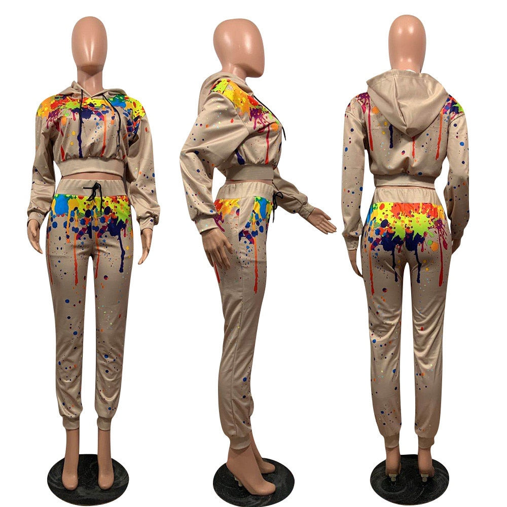 Splash-ink Print Sweat Suits Women Set Hoodies Sweatshirt and Sweatpants Set