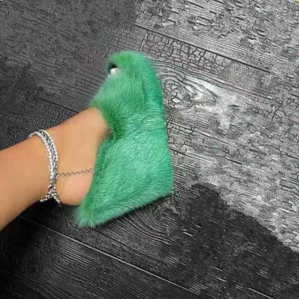 feminine high-heeled fur drag outdoor all-match shoes slippers round head wedges with mink fur ms slippers