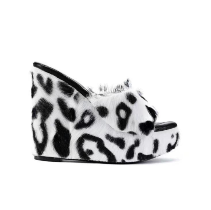 feminine high-heeled fur drag outdoor all-match shoes slippers round head wedges with mink fur ms slippers