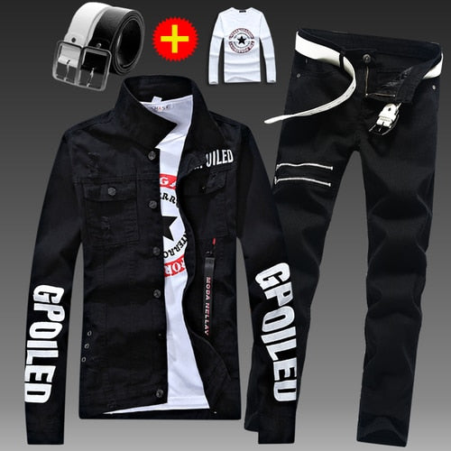 Men Slim Fit Denim Jacket Pants 2pcs Set