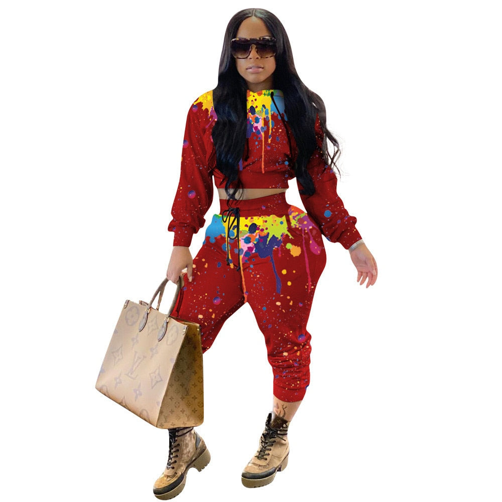 Splash-ink Print Sweat Suits Women Set Hoodies Sweatshirt and Sweatpants Set