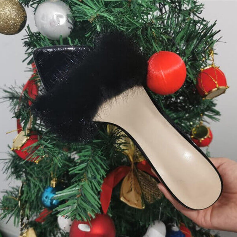 Peep Toe Mules Artificial Fur Slip OnWomen Brand HEELS