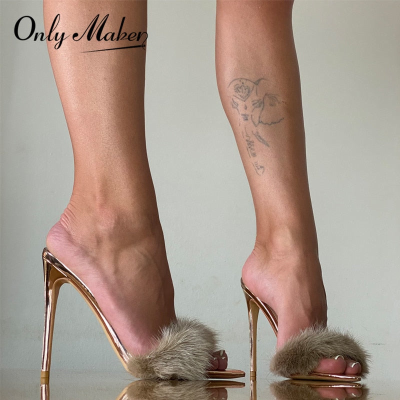 Peep Toe Mules Artificial Fur Slip OnWomen Brand HEELS