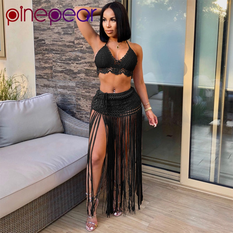 PinePear Sexy Crochet Tassel Two Piece Skirt Set