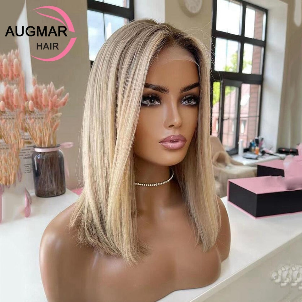 FROSTYYY HUMAN HAIR COLLECTION Short Ash Blonde 360 Lace Frontal Wig Brown Highlight Wig Human Hair 13x4 Straight Bob Wig Lace Front Human Hair Wigs For Women