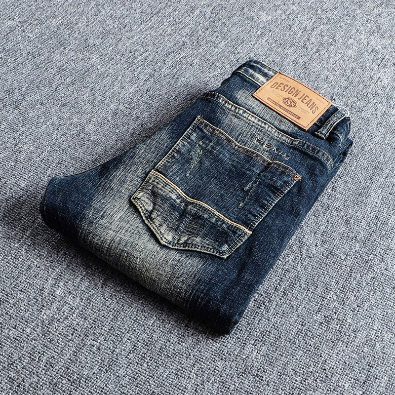 Italian Men Jeans Retro Elastic Slim Fit Ripped Jeans