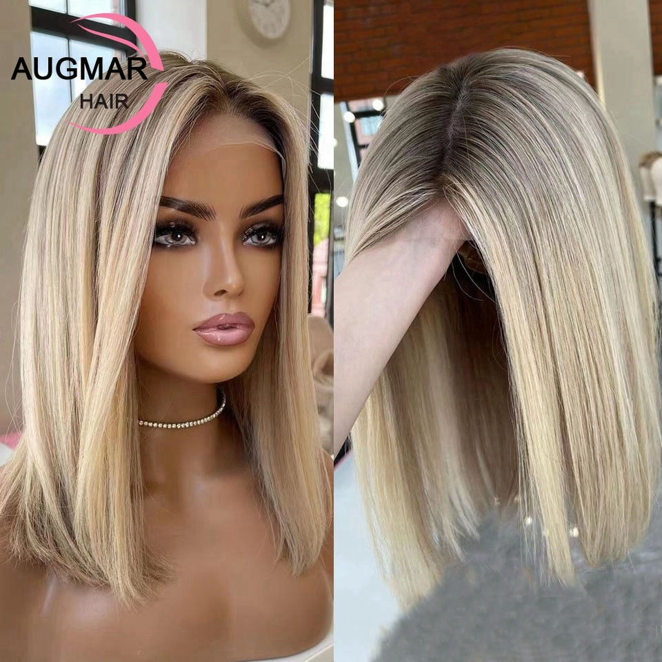 FROSTYYY HUMAN HAIR COLLECTION Short Ash Blonde 360 Lace Frontal Wig Brown Highlight Wig Human Hair 13x4 Straight Bob Wig Lace Front Human Hair Wigs For Women