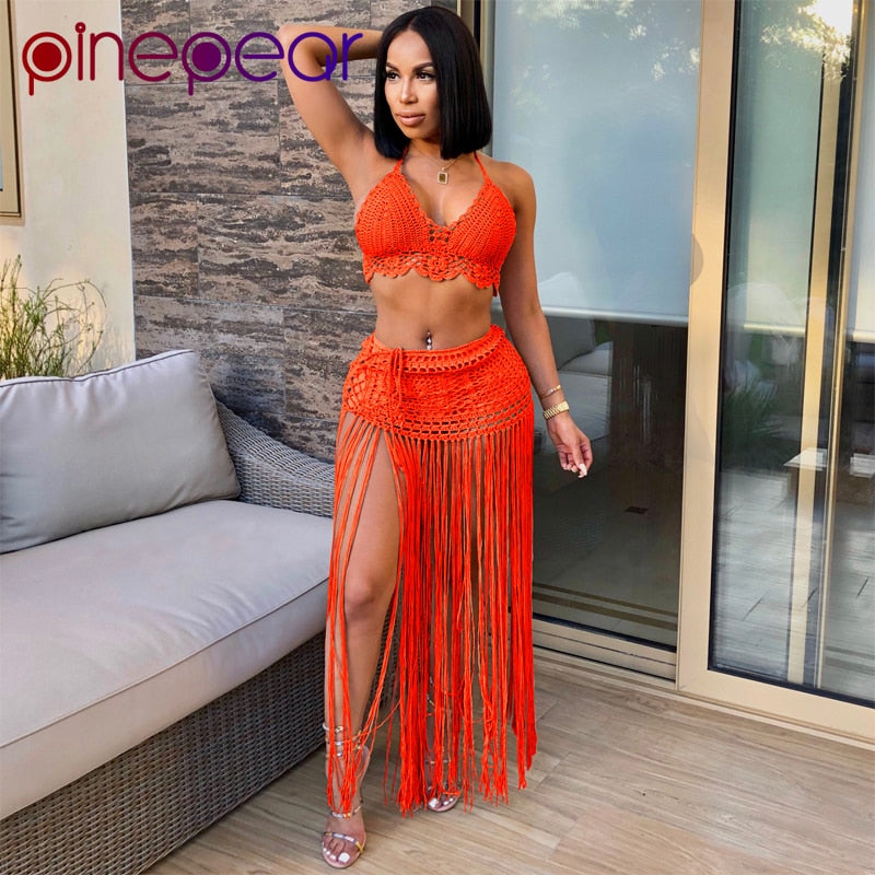 PinePear Sexy Crochet Tassel Two Piece Skirt Set