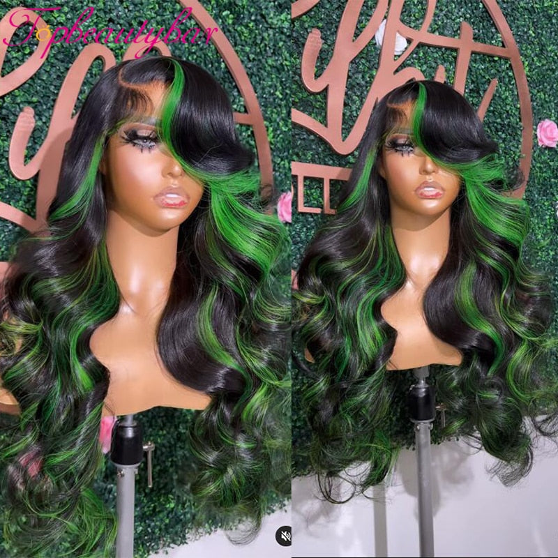 FROST HUMAN HAIR COLLECTION Green Highlight Wig Human Hair Colored Green 13x4 Lace Front Human Hair Wigs for Women Peruvian Remy Wavy Full Lace Wigs