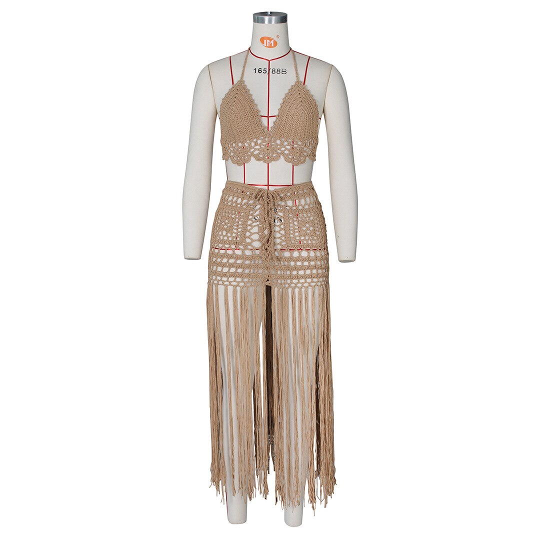 PinePear Sexy Crochet Tassel Two Piece Skirt Set