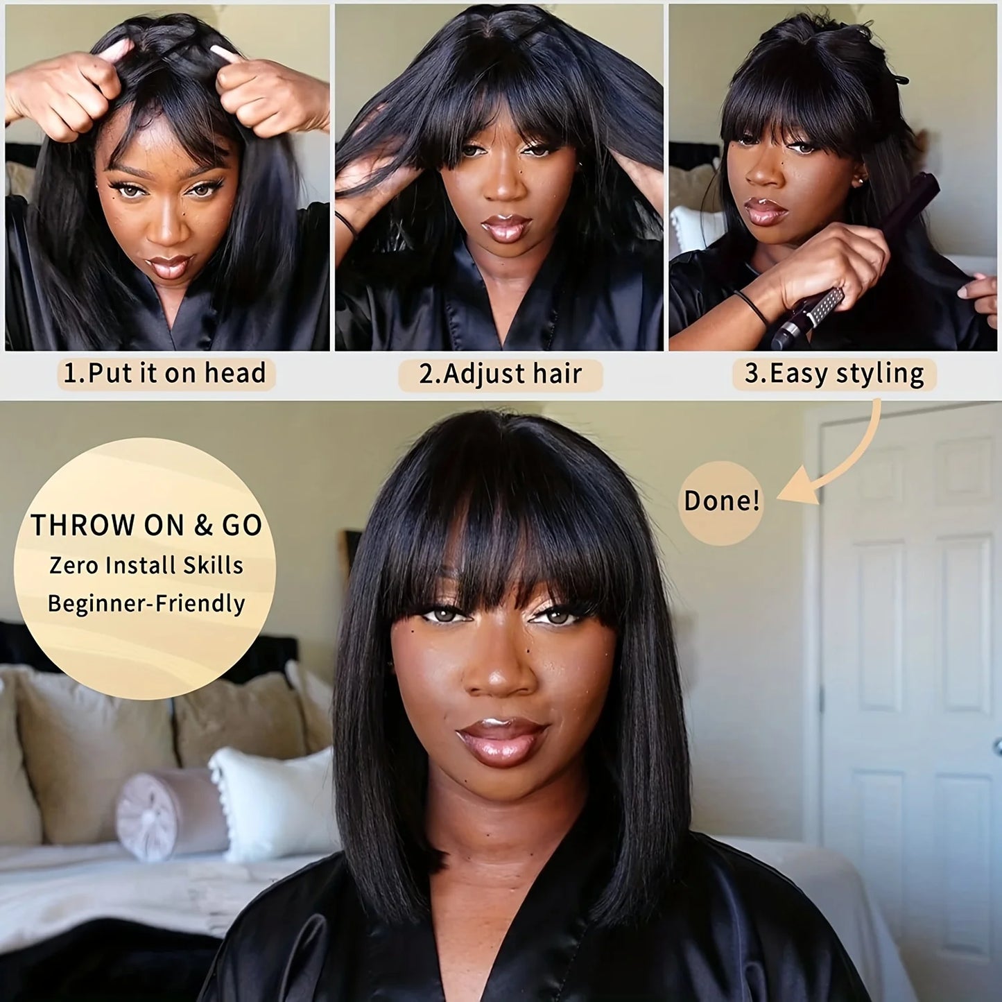 Straight Human Hair Wigs With Bangs Full Machine Made Wig Cheap Brazilian Hair Wigs Short Bob  Wigs 3x1 HD Lace Wigs