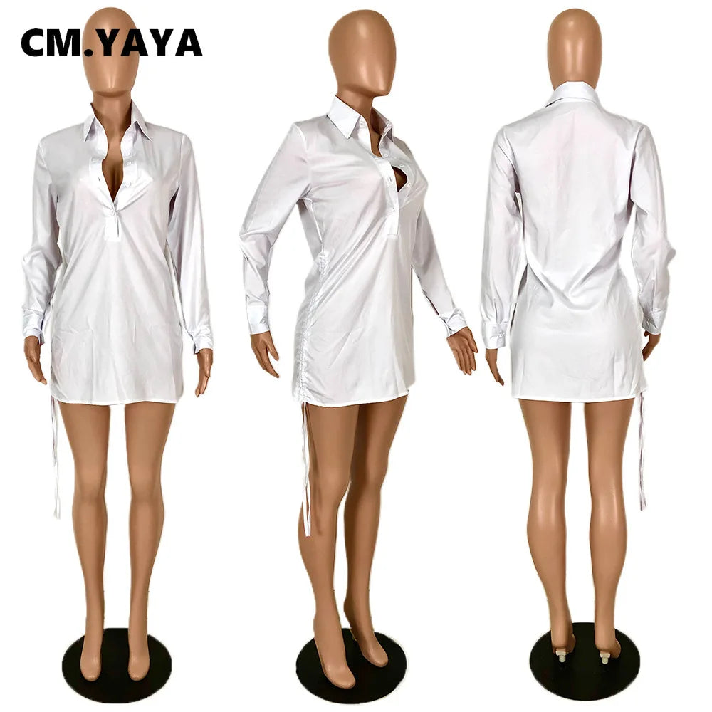 CM.YAYA Women Mini Dress Solid Shirring Stretchy Straight Dresses Office Lady Fashion Sexy Vestidos Single Breasted Clothes Fall