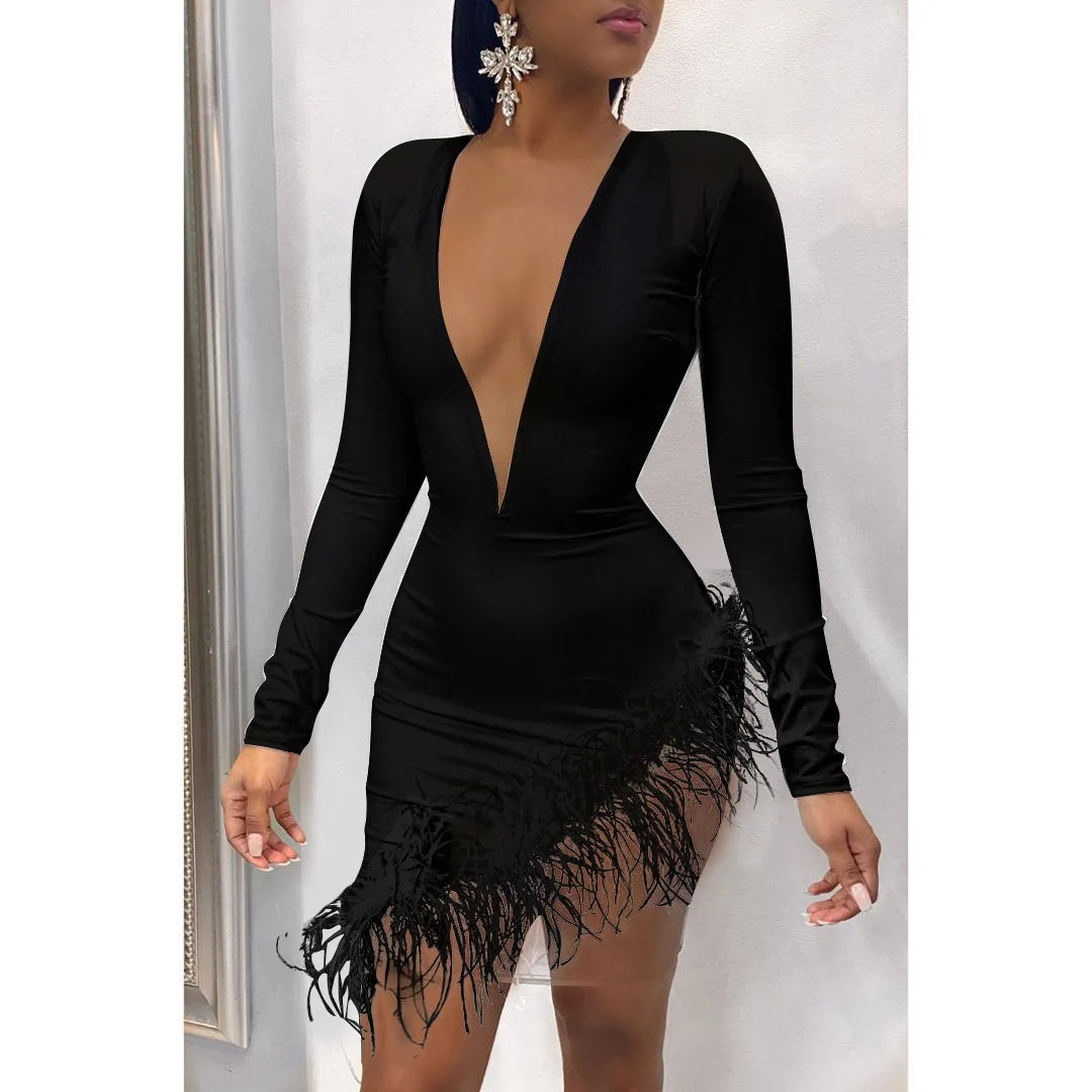 Women Winter Mini Dress 2025 O-Neck Mesh Feather Patchwork Sexy Night Club Party Bandage Street Bodycon Dresses