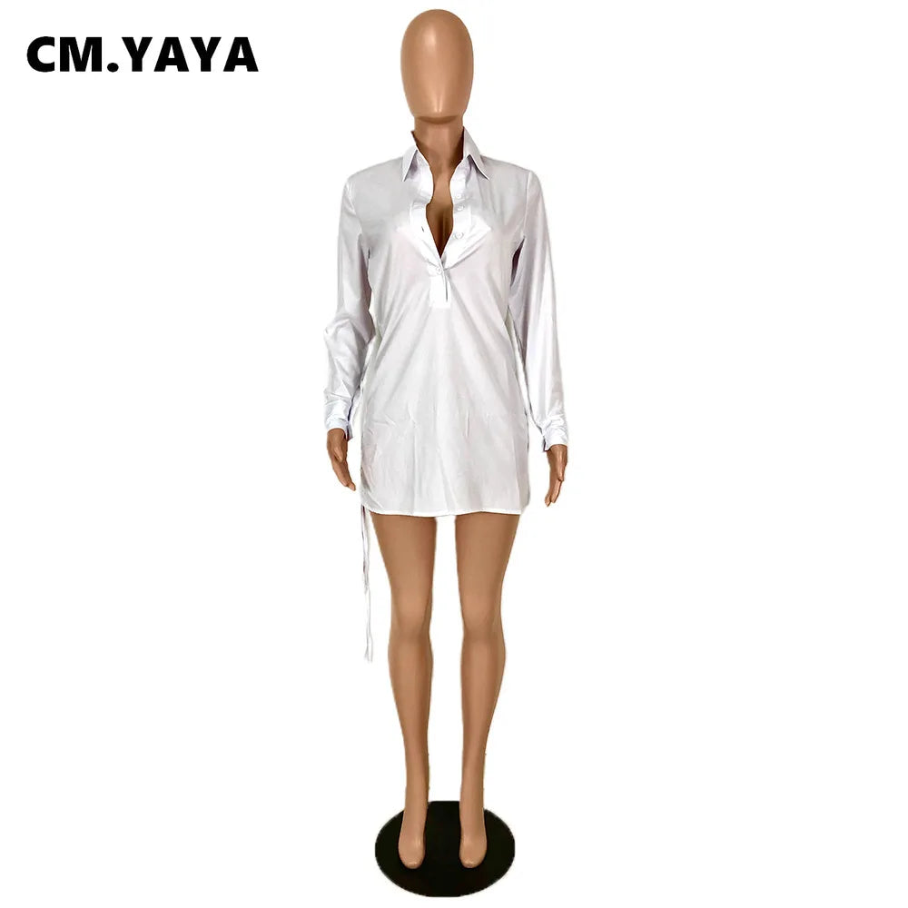 CM.YAYA Women Mini Dress Solid Shirring Stretchy Straight Dresses Office Lady Fashion Sexy Vestidos Single Breasted Clothes Fall