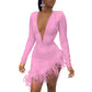 Women Winter Mini Dress 2025 O-Neck Mesh Feather Patchwork Sexy Night Club Party Bandage Street Bodycon Dresses