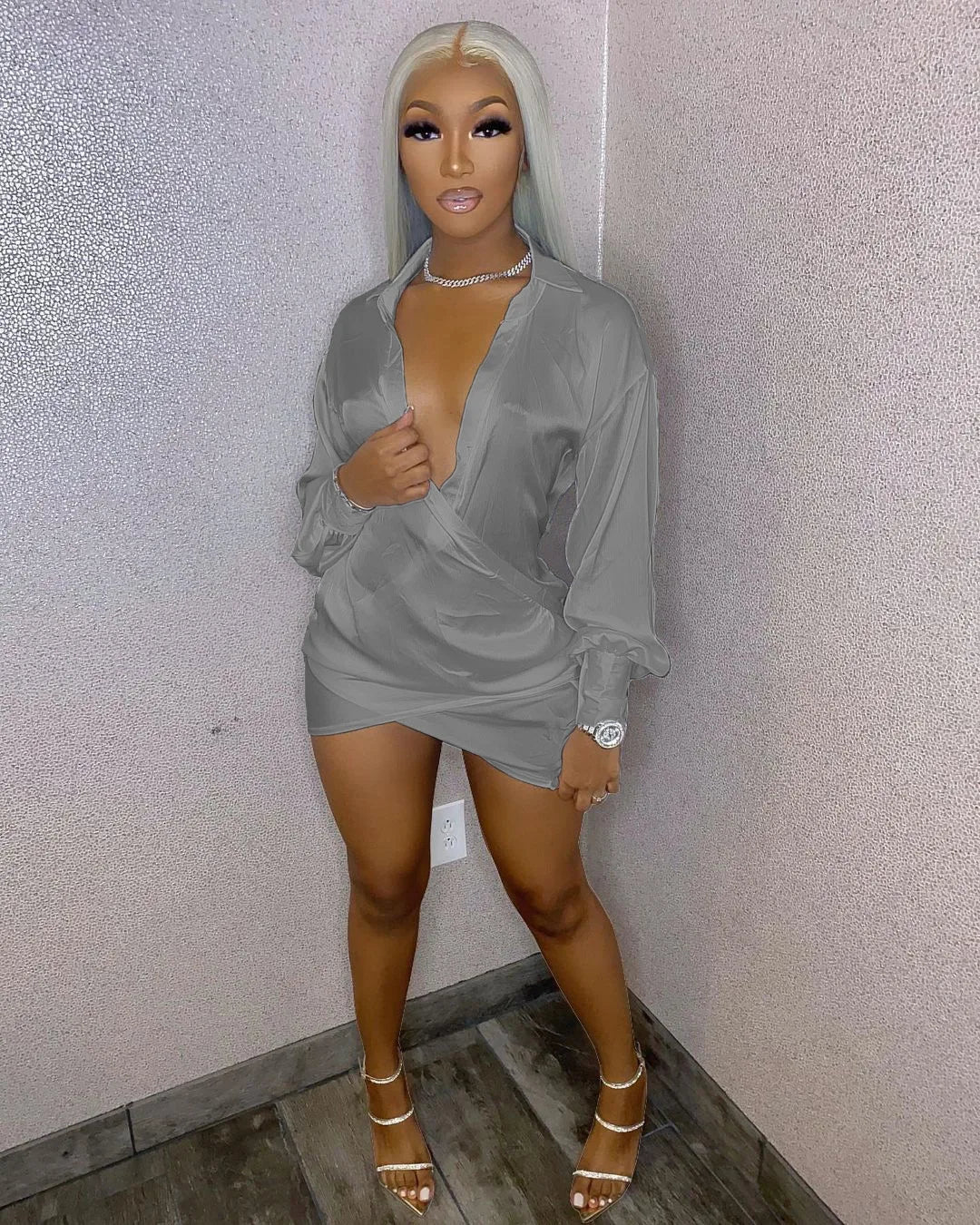 Solid Women Long Sleeve Deep V-neck Midi Mini Dress Sexy Blouses Style Ruched Above knee Dresses Outfits