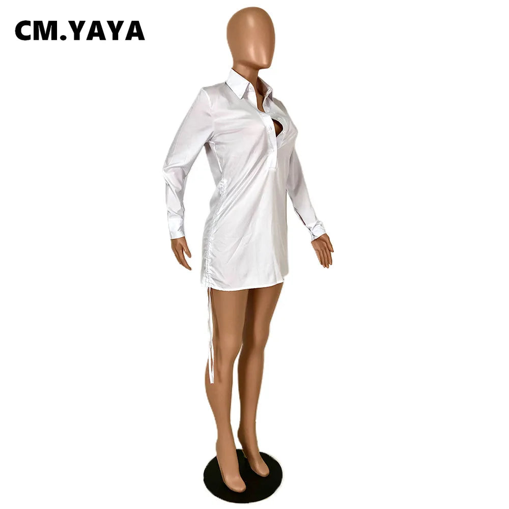 CM.YAYA Women Mini Dress Solid Shirring Stretchy Straight Dresses Office Lady Fashion Sexy Vestidos Single Breasted Clothes Fall